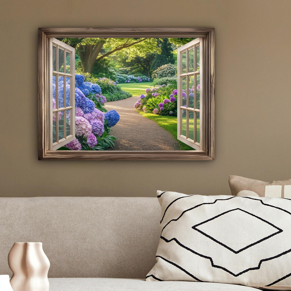 LEINWANDBILD Aussicht - Garten - Fenster - Hortensie - Blumen 40x30 cm - Pastellblau, Textil (40/30cm) - MuchoWow