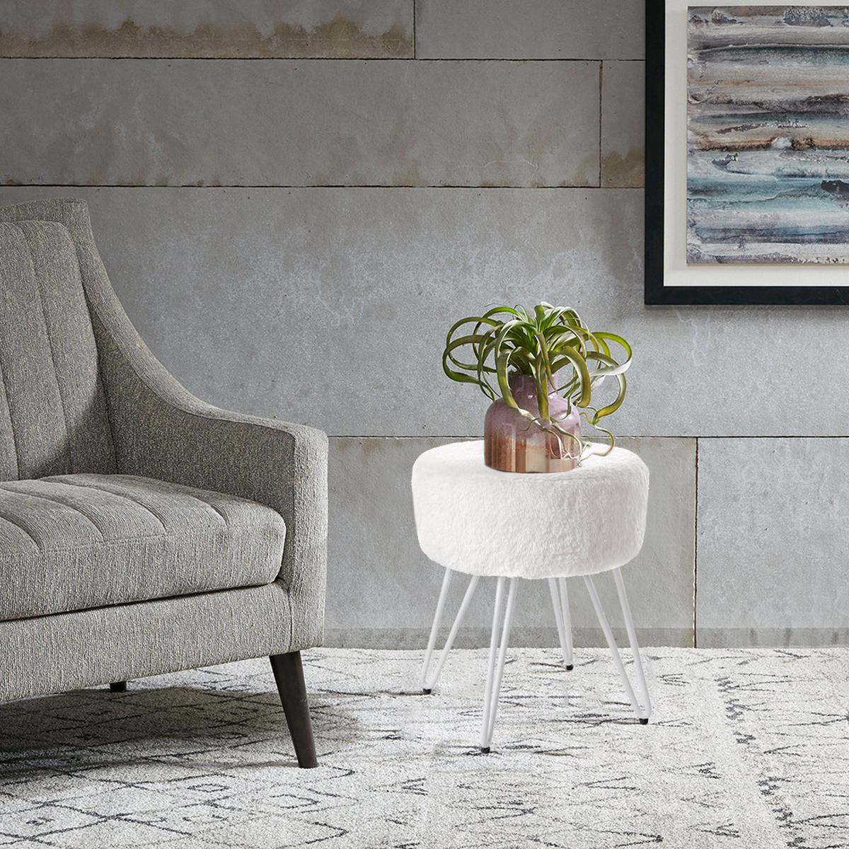 POLSTERHOCKER 35/35/42 cm Rund Eisenbeine Plüsch Weiß - Weiß, Textil/Metall (35/42/35cm) - Livingandhome