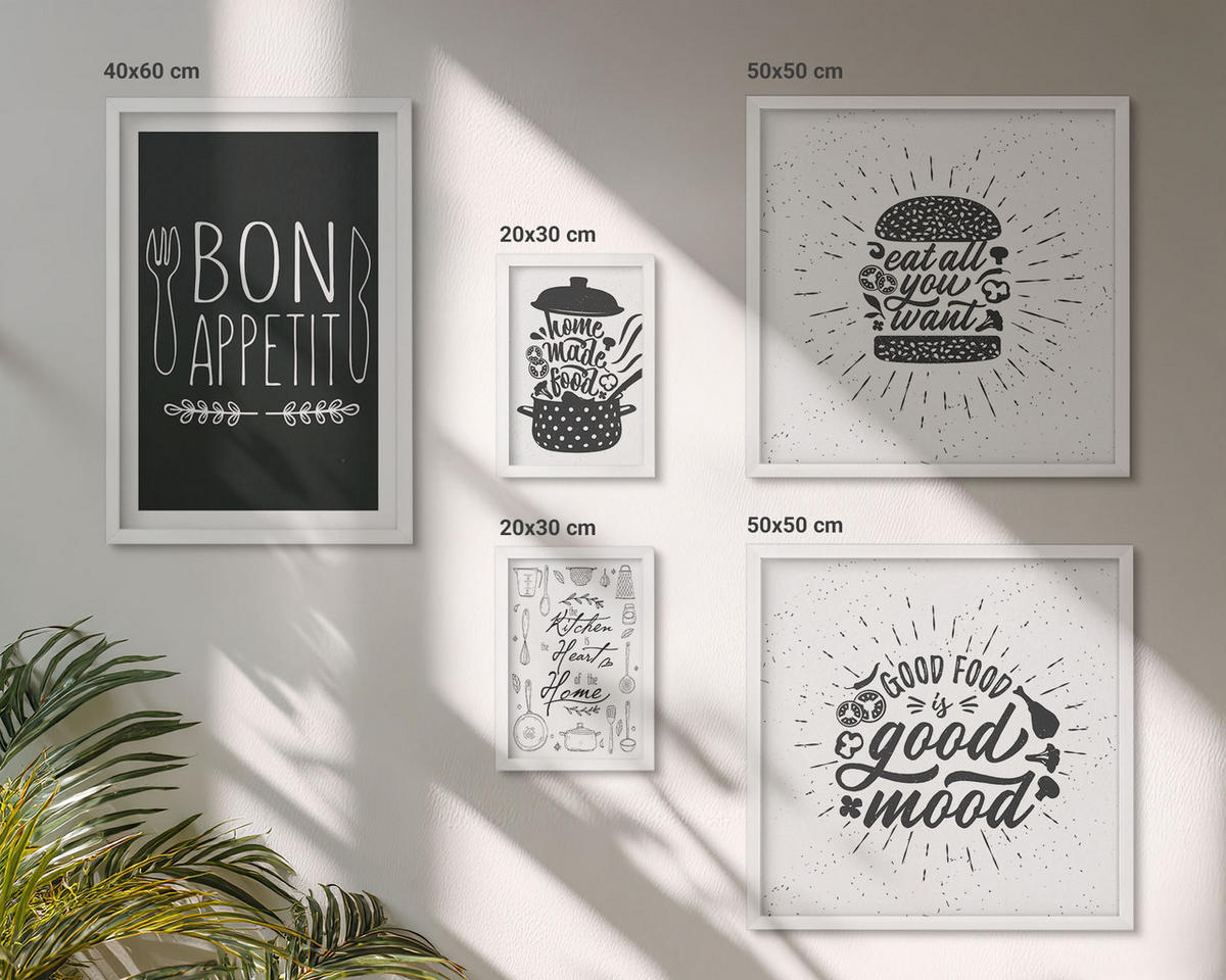 BILDER SET 5er Set - 50x50 cm & 20x30 cm & 40x60 cm Weißer Rahmen - Grafiken, Lebensmittel, kulinarische Slogans - Weiß, Kunststoff (40/60cm) - TULUP