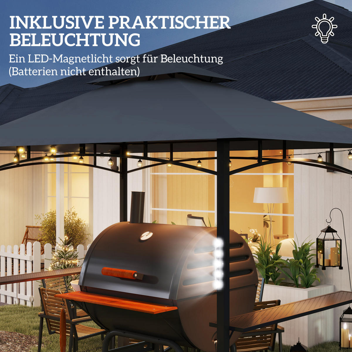 GRILLPAVILLON 243/148/248 cm dunkelgrau aus Metall mit LED - Dunkelgrau, Metall (243/248/148cm) - OKWISH