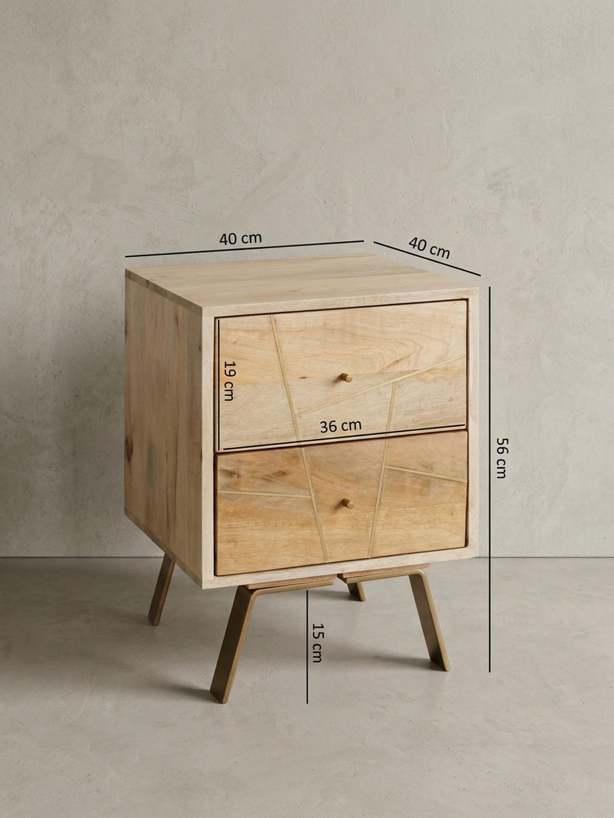 NACHTTISCH – Mango Massivholz, Metallstreifen, rustikal, Farbverlauf - Goldfarben/Braun, Holz/Metall (40/56/40cm) - KADIMA DESIGN