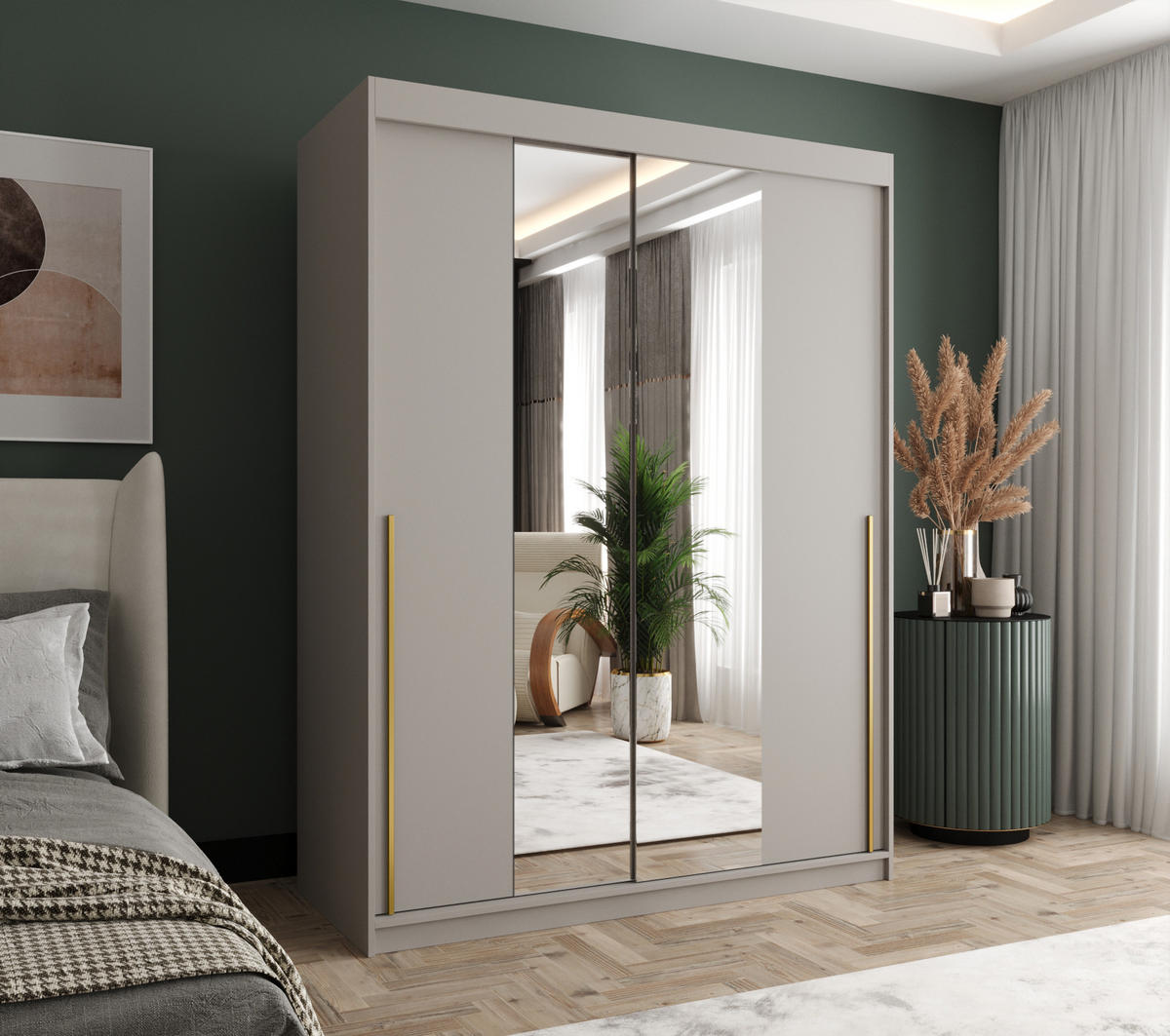 SCHWEBETÜRENSCHRANK mit Spiegel 150 cm Breite Kaschmir mit Goldgriff - Kaschmir/Goldfarben, Holzwerkstoff (150/200/62cm) - Home Collective