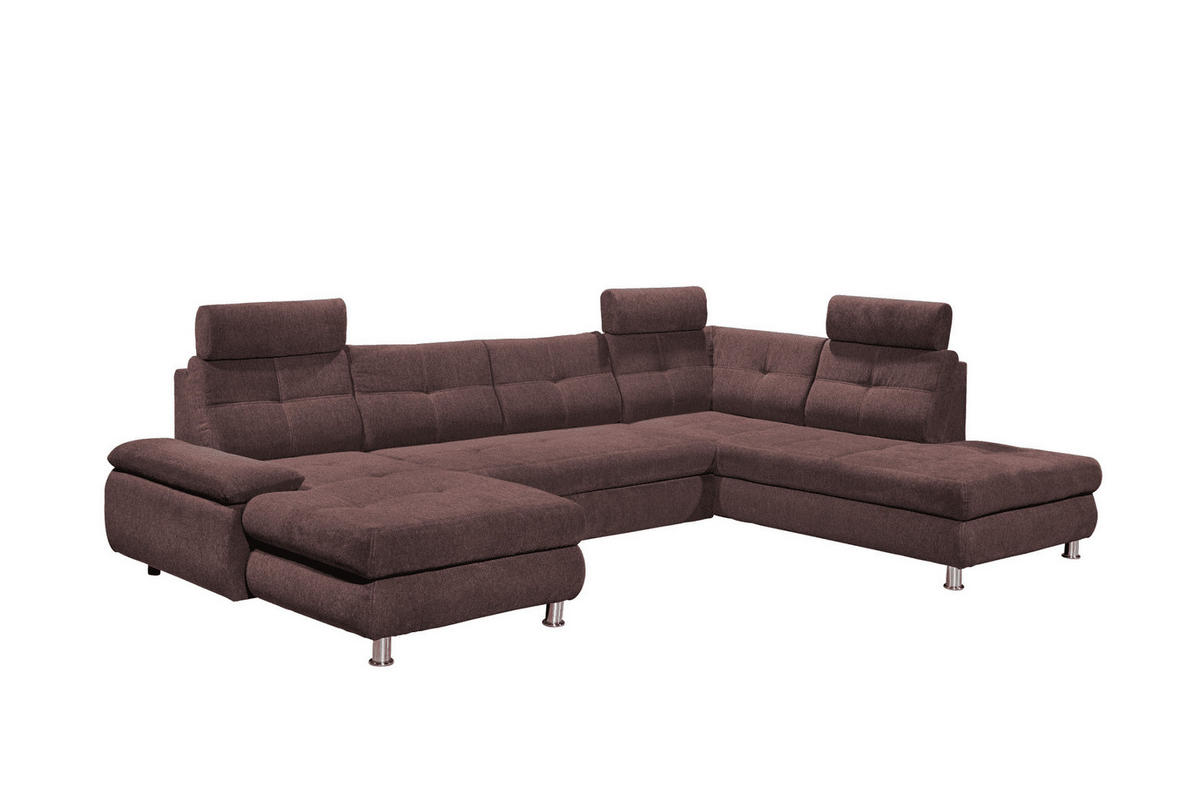 WOHNLANDSCHAFT mit Schlaffunktion, Bettkasten und verstellbaren Arm- und Kopflehnen - Chromfarben/Aubergine, Textil/Metall (233/88/349cm) - ed exciting design