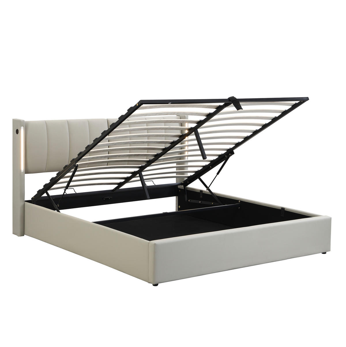 POLSTERBETT 140/190 cm mit LED-Beleuchtung, USB-/Type-C-Anschluss, verstellbarem Kopfteil und Bettkasten, PU, Grau - Grau, Kunststoff (140/190cm) - Redom