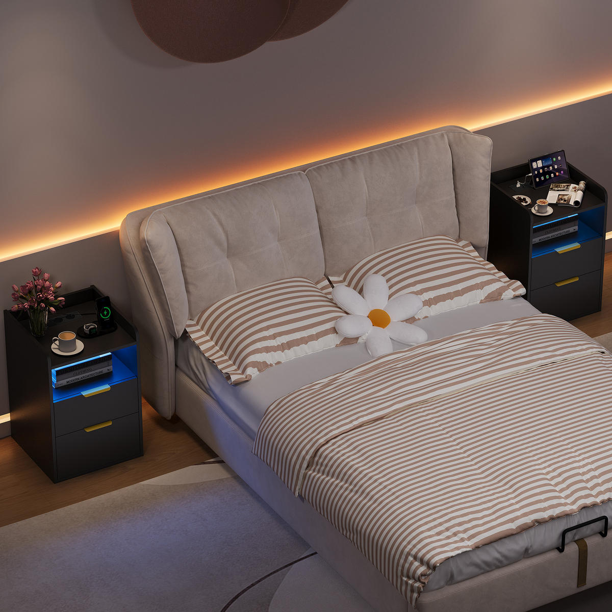 NACHTTISCH Schwarz mit LED-System, Steckdose, 2 Schubladen und Geheimfach - Schwarz, Holz (40/60/40cm) - PARAFTA HOME