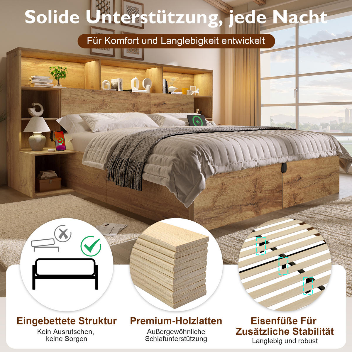 BETT 160/200 cm in Eiche mit Bettkasten, LED, USB und integrierten Nachttischen Holzoptik - Eichefarben, Holzwerkstoff/Metall (160/200cm) - STILVORA
