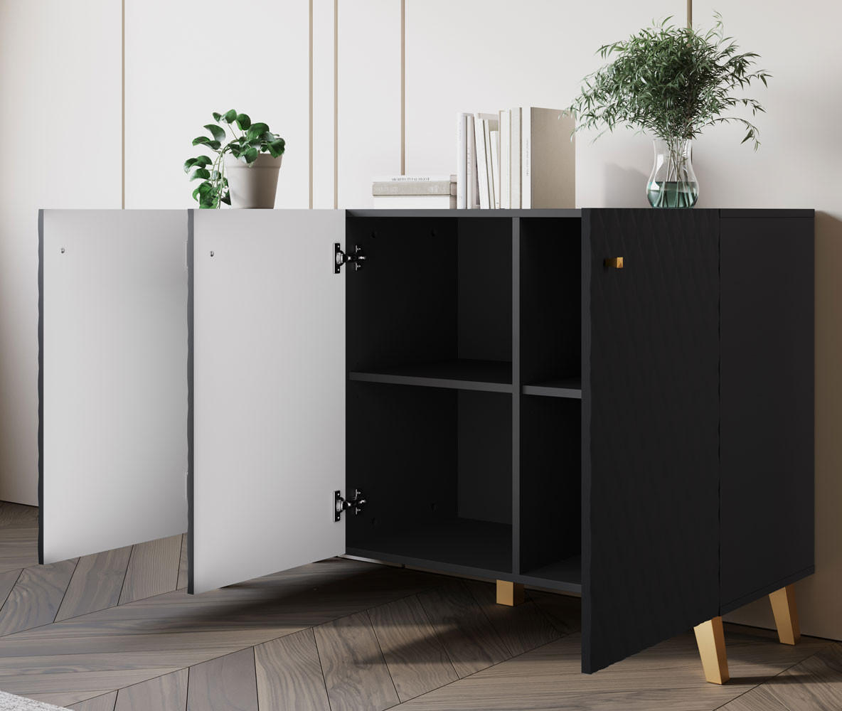 KOMMODE Phuket Graphit Schwarz, Rautenmuster 120 / 39 / 76 cm - Goldfarben/Graphitfarben, Holz/Holzwerkstoff (120/76/39cm) - Feldmann-Wohnen