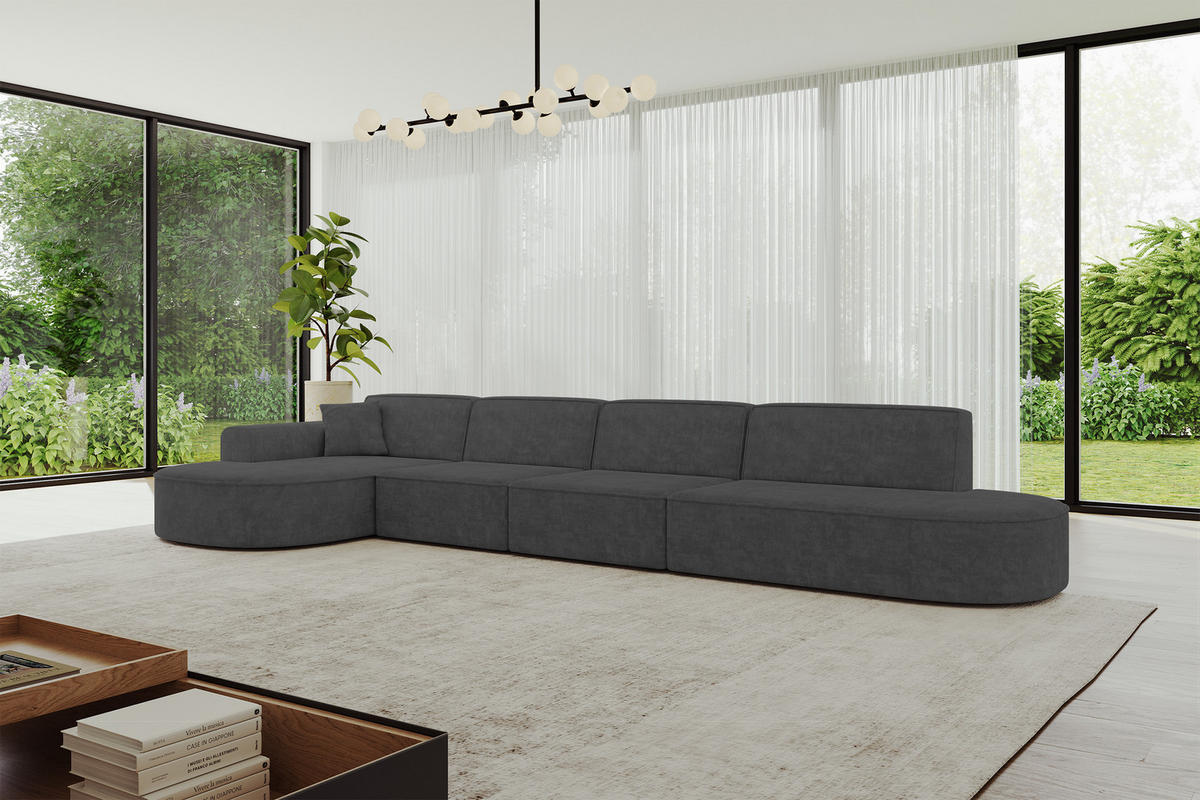 ECKSOFA Ottomane Links MARI-L3 - 413x171x79 cm Dunkelgrau Velours - Dunkelgrau/Schwarz, Holzwerkstoff/Kunststoff (413/171cm) - ALTDECOR