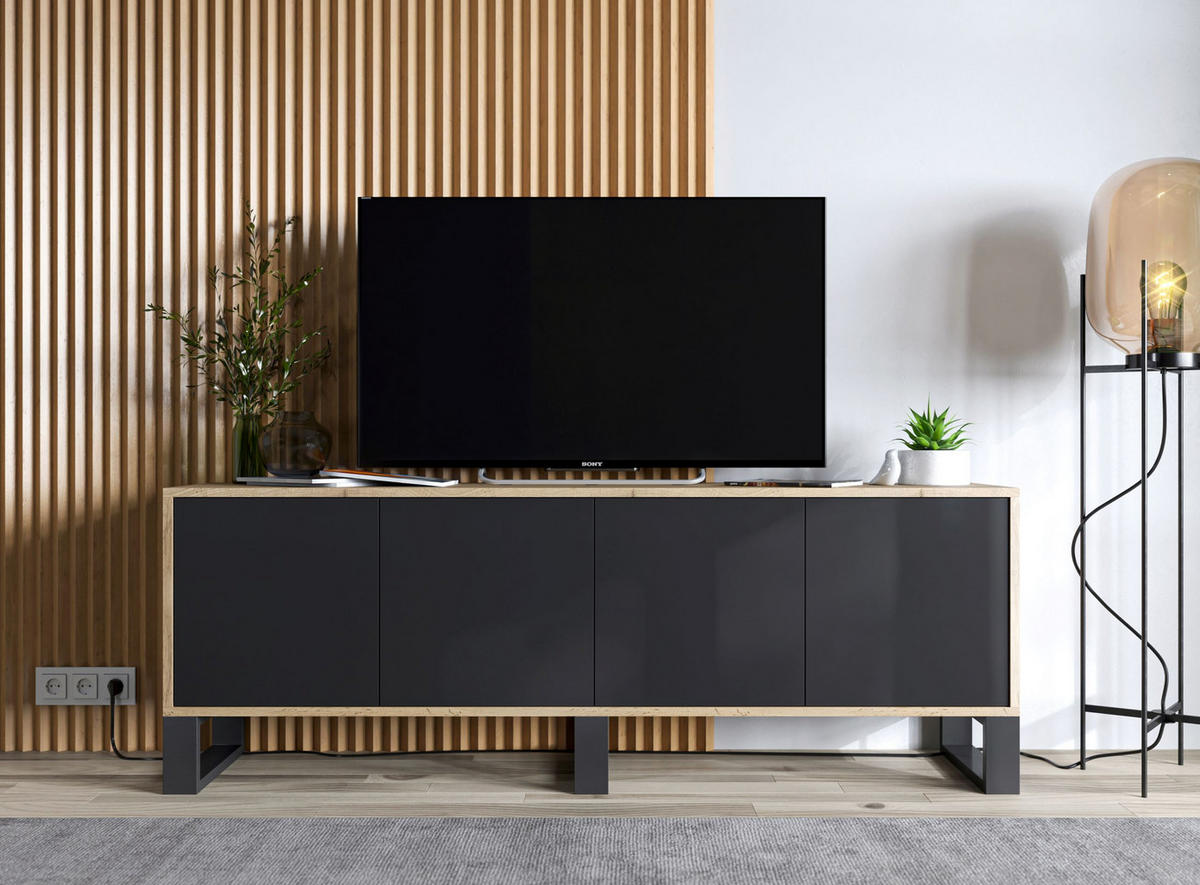 TV-SCHRANK Apollo2 Eiche wotan Schwarz Matt mit Metallbeinen 150/53/35 cm - Schwarz, Holzwerkstoff/Metall (150/53/35cm) - Meble Lindner