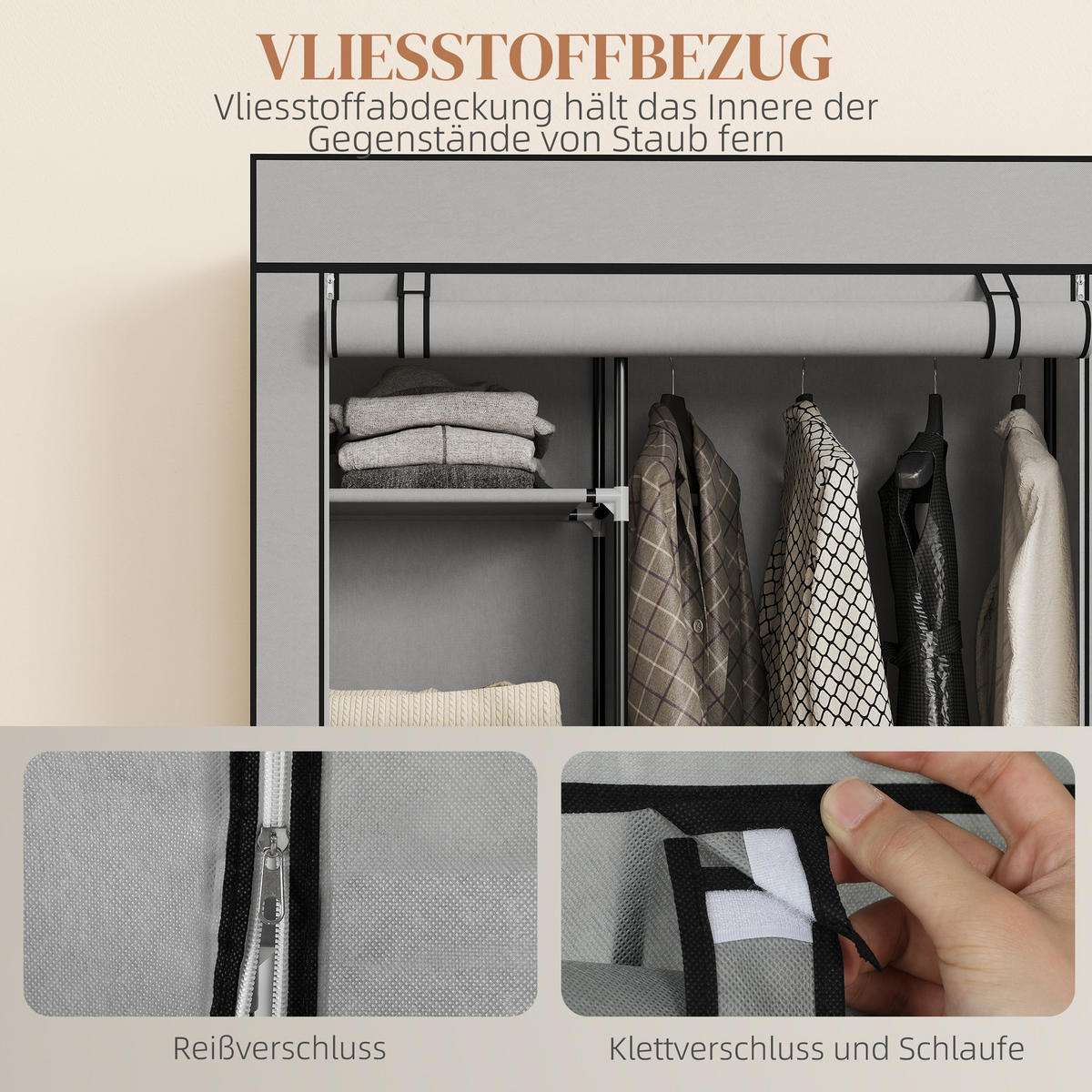 STOFFSCHRANK mit 6 Regalen und 1 Kleiderstange, platzsparende Aufbewahrungslösung in Hellgrau - Hellgrau, Metall (103/162.5/43cm)