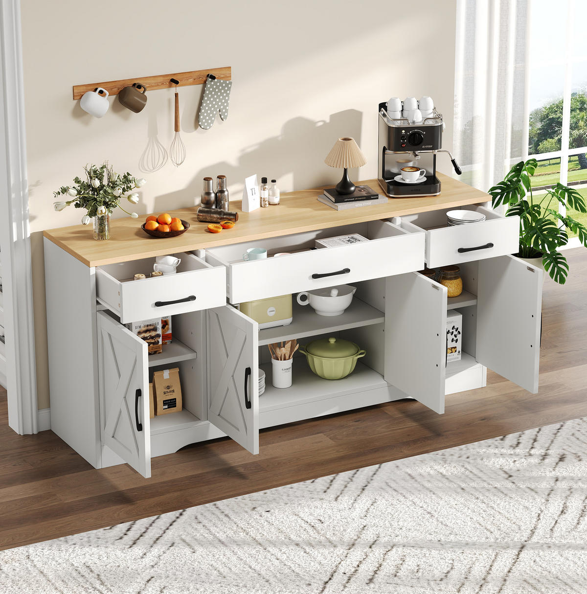 SIDEBOARD 160/37/75 cm mit 4 Türen & 3 Schubladen in Weiß mit Holzfarbener Platte - Weiß, Holzwerkstoff (160/75/37cm) - BEAOK