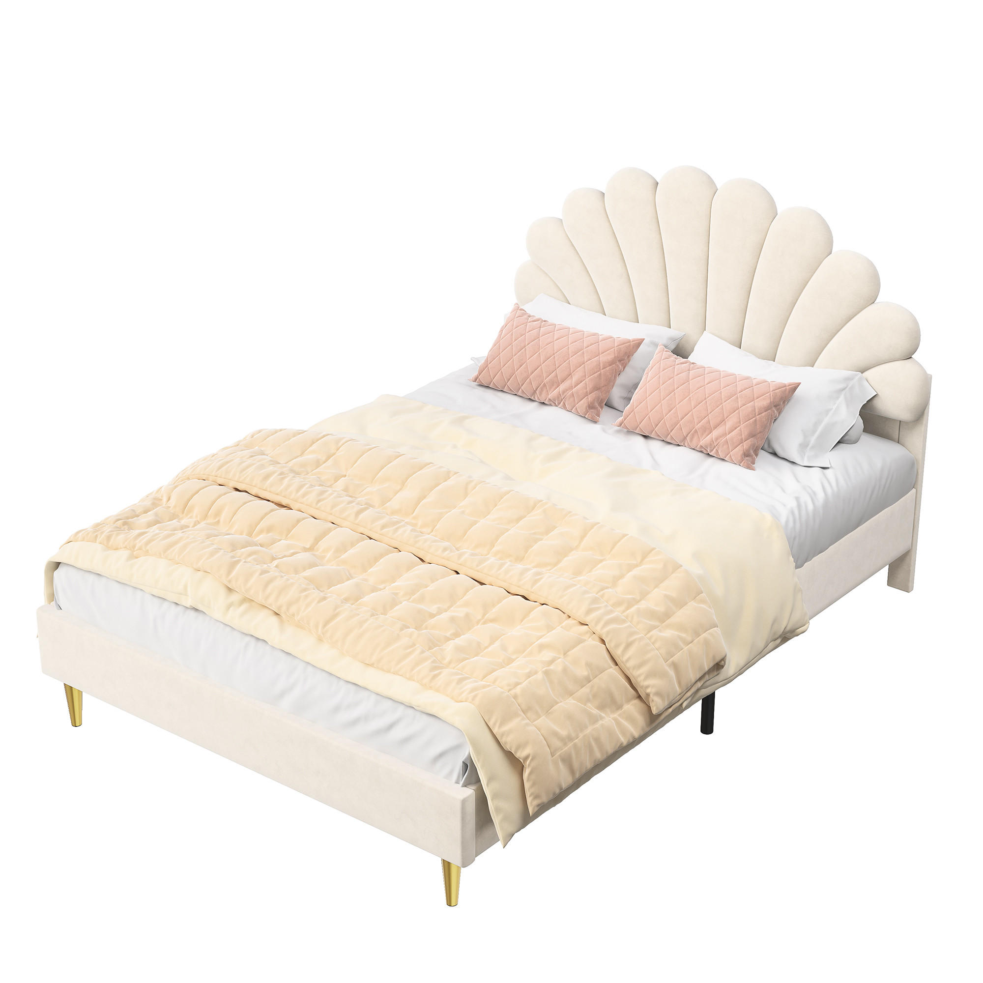 KINDERBETT Polsterbett 140x200 cm, mit geblümtem Kopfteil und Lattenrost, Samt Doppelbett, Beige - Beige, Holz/Holzwerkstoff (140/200cm) - BursDany