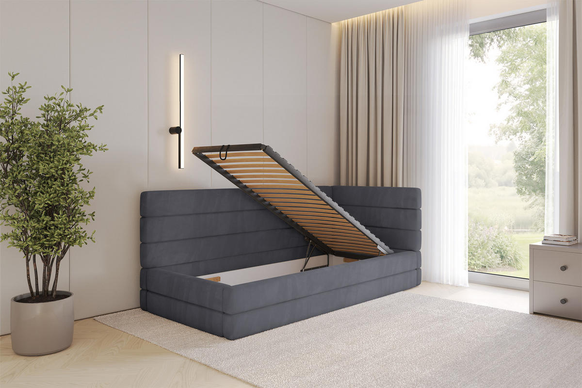 EINZELLBETT Jugendbett mit Bettkasten, Links - BEMY 90x200 Dunkelgrau - Dunkelgrau, Holzwerkstoff/Textil (90/200cm) - ALTDECOR