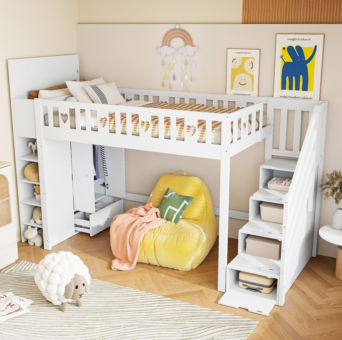 HOCHBETT 90/200 cm Weiß aus Kiefernholz und MDF mit Stauraumleiter - Weiß, Holzwerkstoff (90/200cm) - OKMYHOME