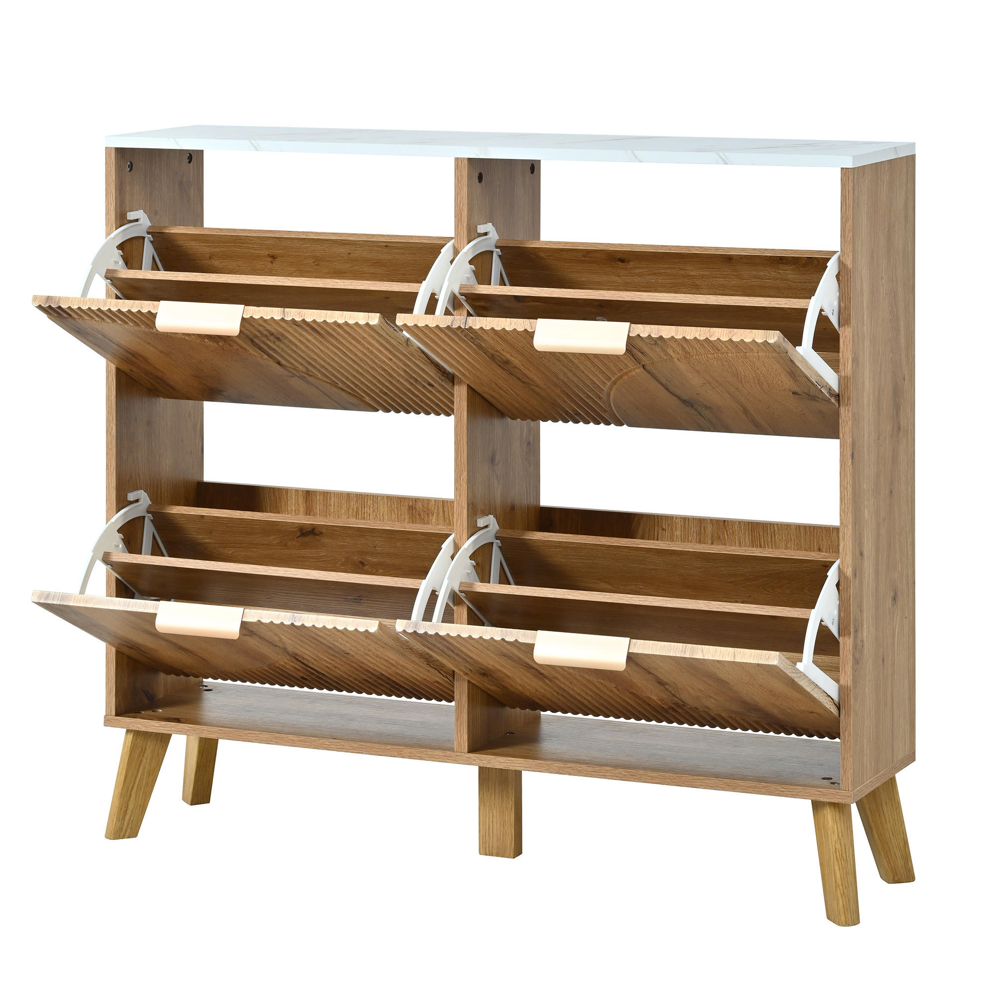 Modfu BOTNÍK z MDF 105x24x95,5 cm přírodní se 4 výklopnými dvířky a deskou v mramorovém vzhledu