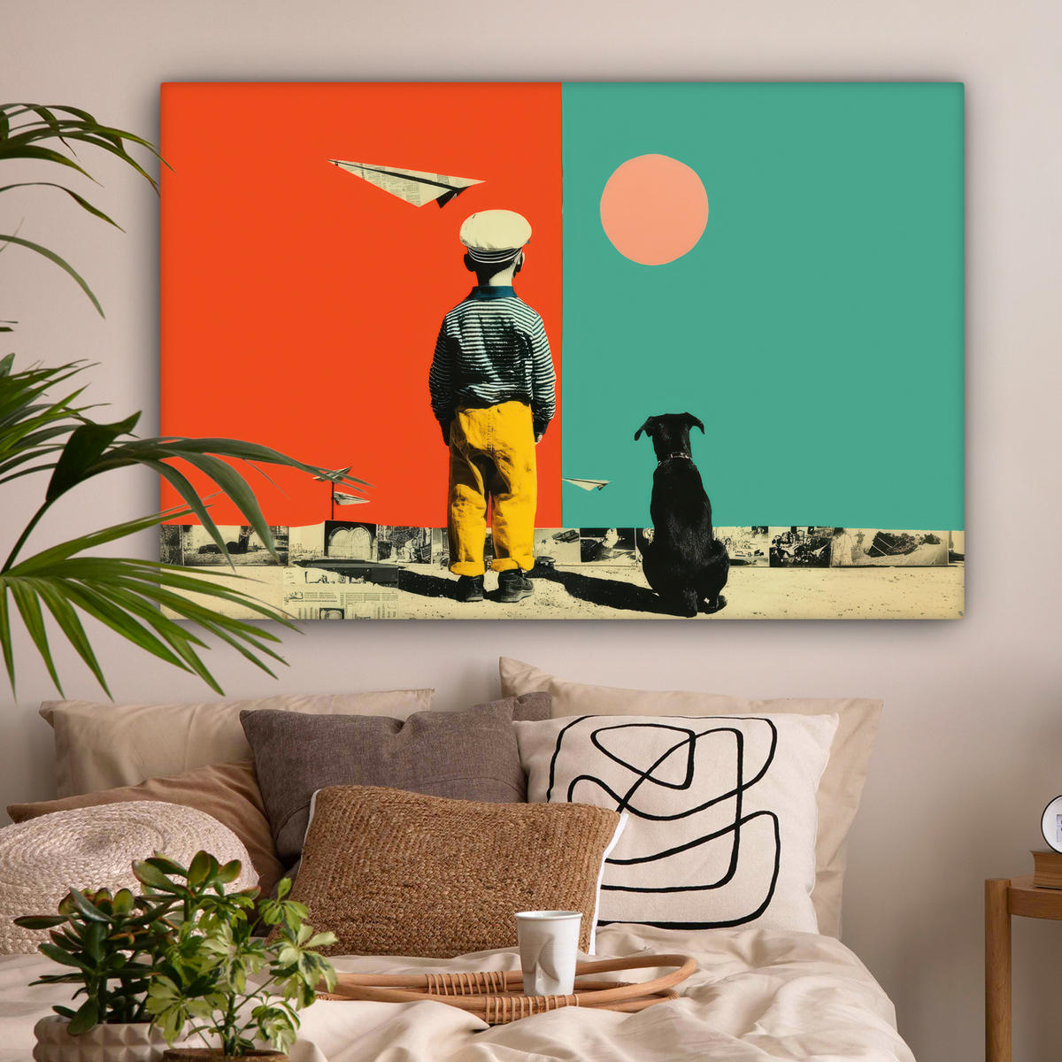 LEINWANDBILD Retro - Junge - Hund - Rot - Grün Groß 140x90 cm - Orange, Textil (140/90cm) - MuchoWow