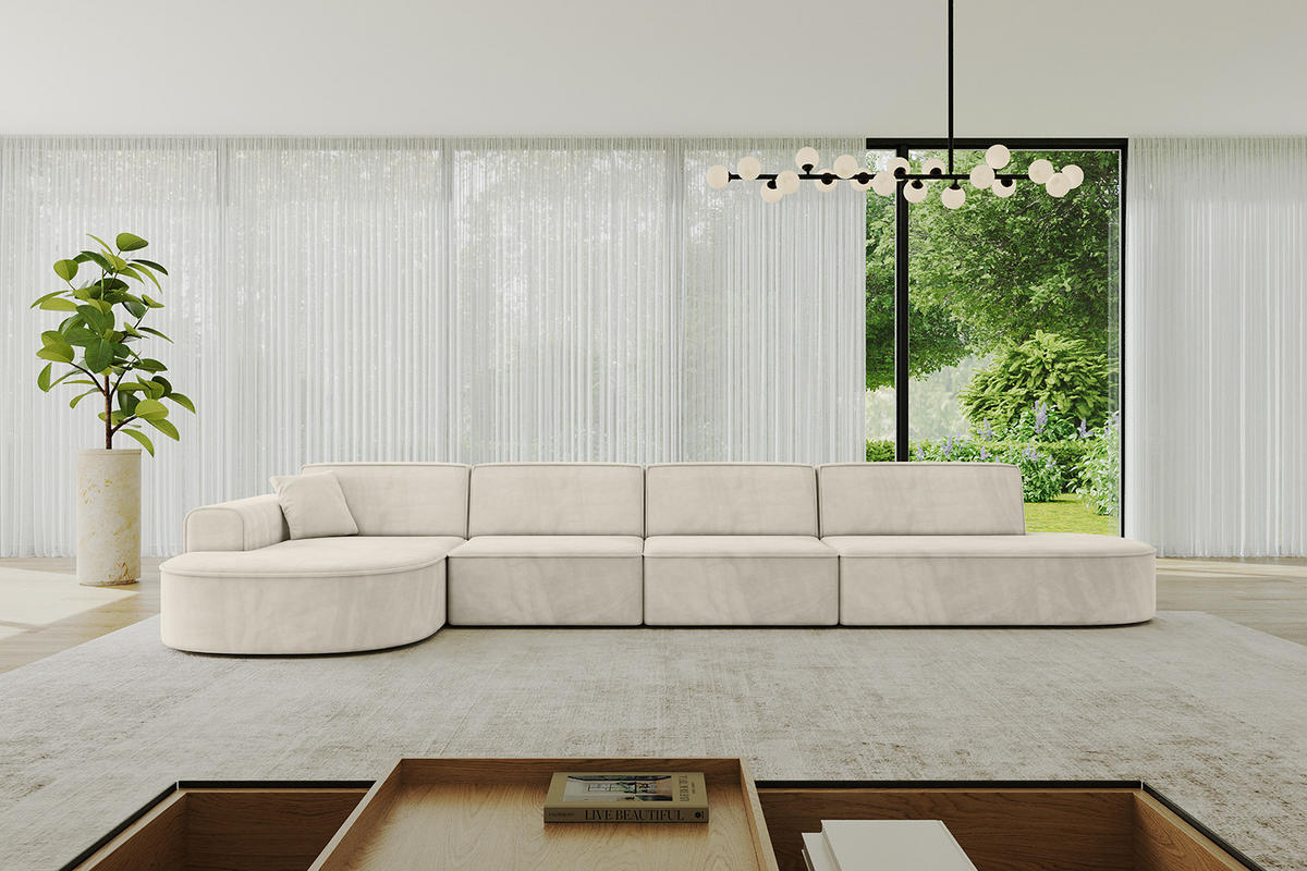 ECKSOFA Ottomane Links MARI-L3 - 413x171x79 cm Ecru Velours - Ecru/Schwarz, Holzwerkstoff/Kunststoff (413/171cm) - ALTDECOR