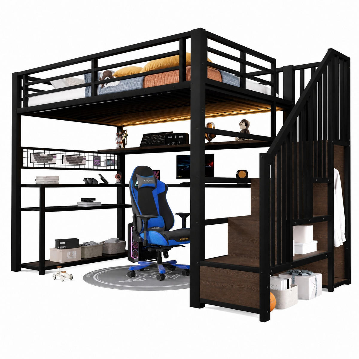HOCHBETT 90/200 cm in Schwarz mit LED, Schreibtisch, Kleiderschrank und Stauraum - Schwarz, Holzwerkstoff/Metall (90/200cm) - CHICFURN