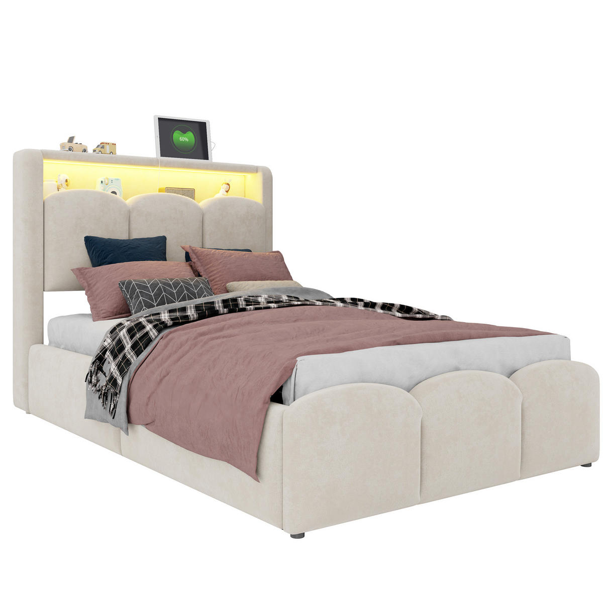 POLSTERBETT aus Samt 90x200 cm Beige mit LED, USB-/Typ-C-Anschluss und hydraulischem Stauraum - Beige, Textil (90/200cm) - Modfu