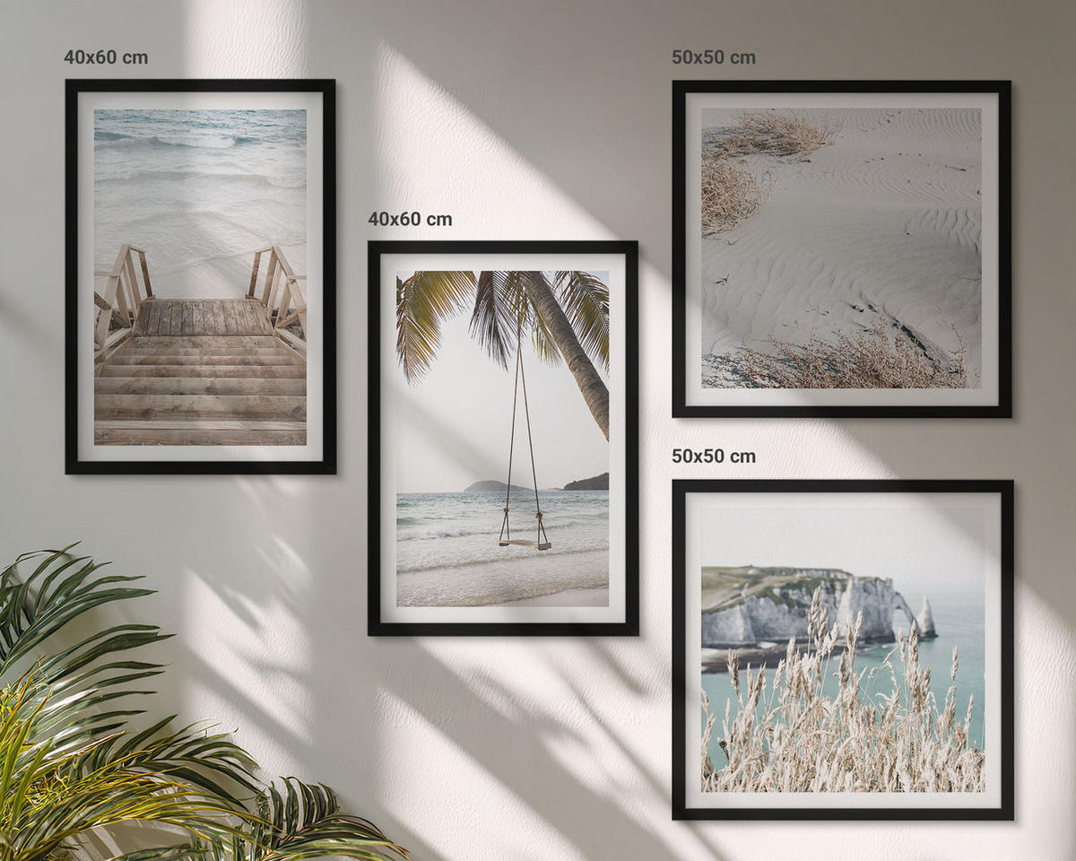 WANDBILDER 4er-Set - 50x50 cm & 40x60 cm Schwarzer Rahmen - Strandtreppe Schaukel Meer - Schwarz, Kunststoff (50/50cm) - ArtPrintCave