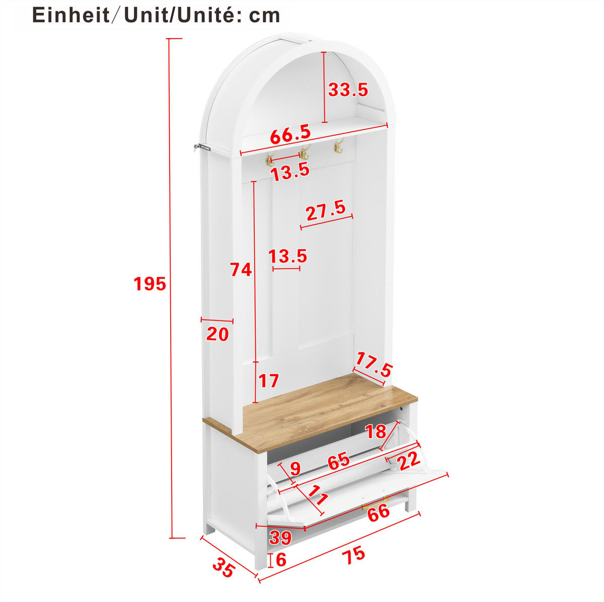 GARDEROBENSCHRANK mit Schuhfach 75 x 35 x 195 cm MDF Weiß Holzoptik - Weiß, Holzwerkstoff (35/195/75cm) - Beauniv