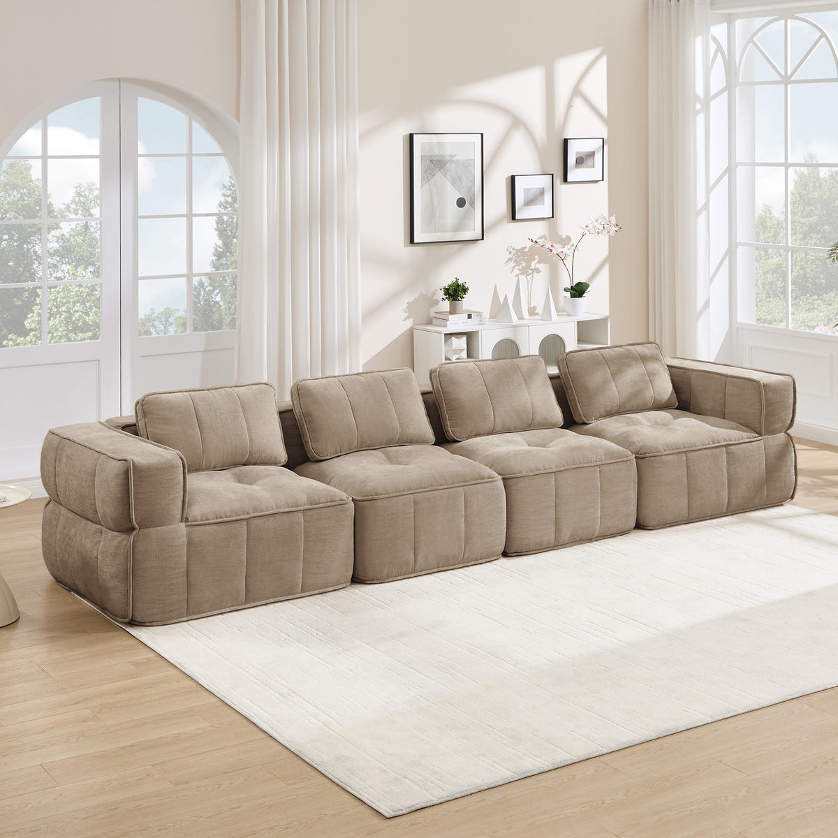CANAPEA 4 LOCURI, minimalist, Poliester-nisipiu - nisipiu, material textil (93/67/344cm) - KOMHTOM