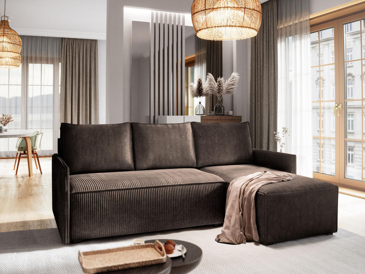 ECKSOFA PERUSI Braun Kordstoff mit Schlaffunktion - Braun, Holz (206/143cm) - MASSENO