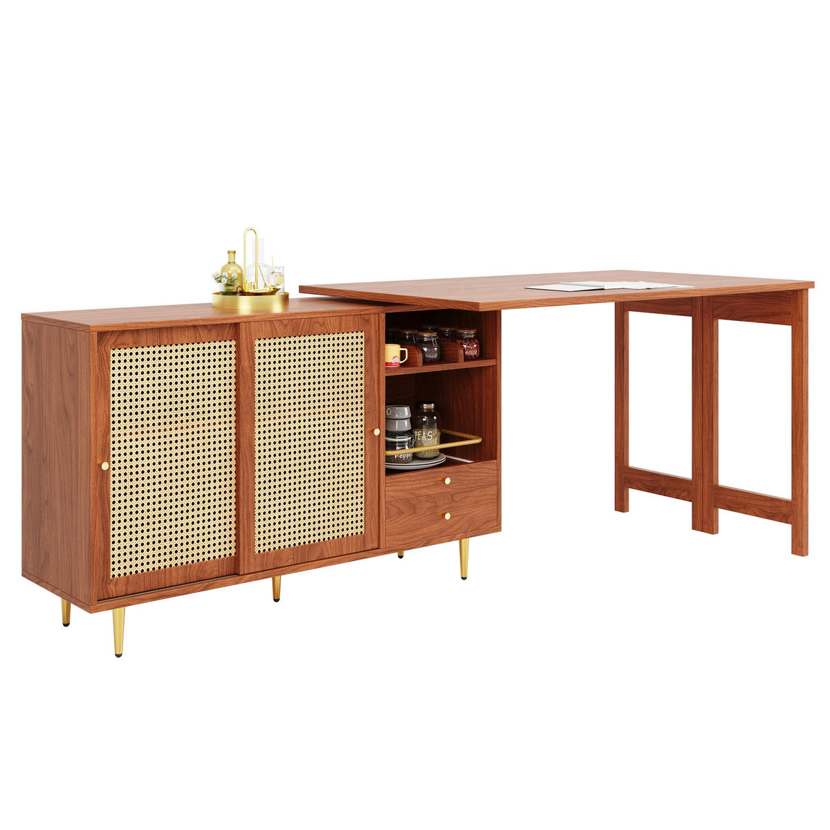 ESSTISCH drehbar 360° mit Stauraum 107x40x71,4 cm – ausziehbar, Rattantür & Regal, Bartisch für Küche & Esszimmer, Braun - Braun, Holzwerkstoff (187/40/76cm) - Ej. Life