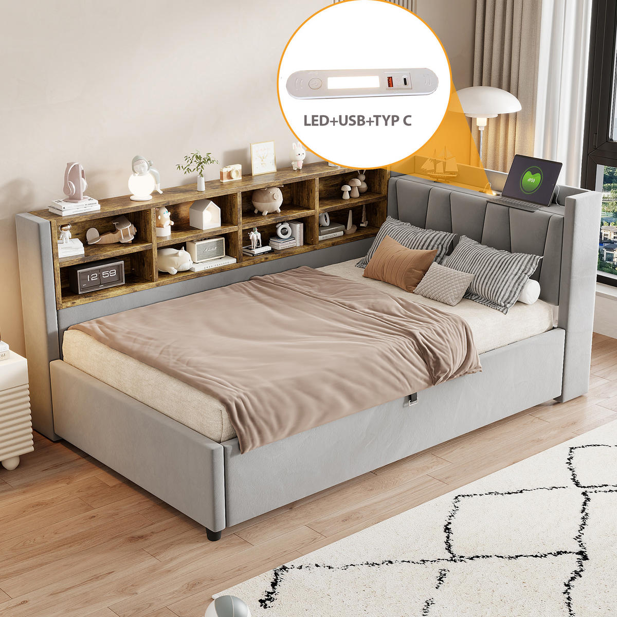 POLSTERBETT 90/200 cm Hellgrau mit Stauraum mit LED-Beleuchtung aus Samt - Hellgrau, Textil (90/200cm) - OKWISH