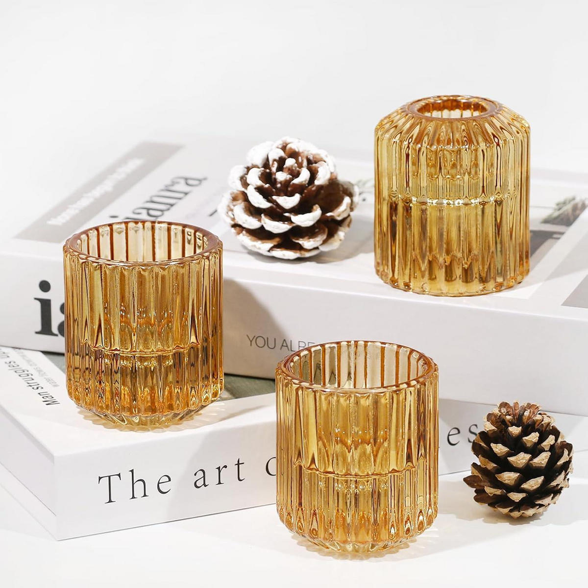 KERZENSTÄNDER Glas Bernstein 3er Set - Goldfarben, Glas (5.3/6/5.3cm)