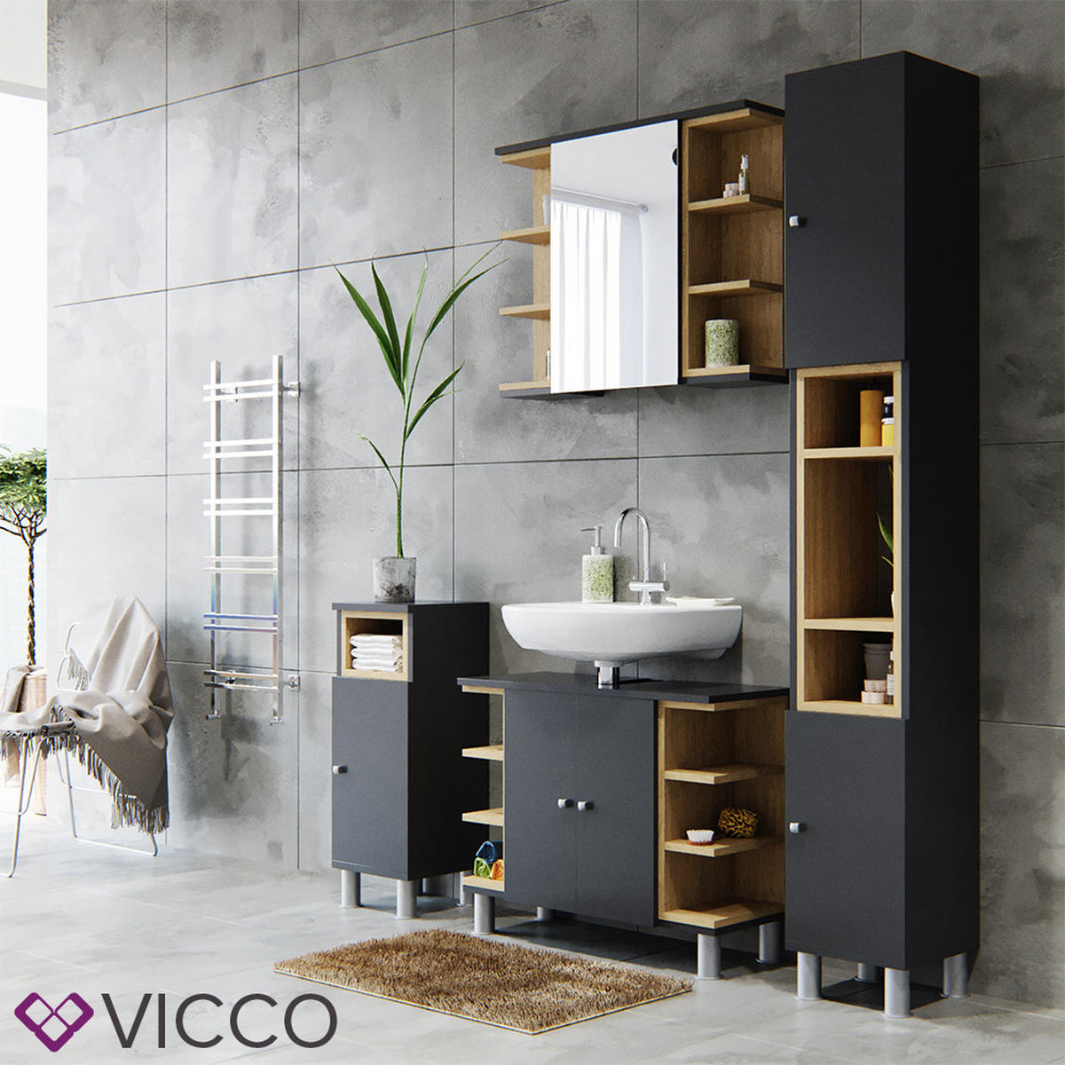 BADSPIEGELSCHRANK Aquis Anthrazit 79.6 x 64 cm - Anthrazit, Holzwerkstoff (79.6/64/18cm) - Vicco