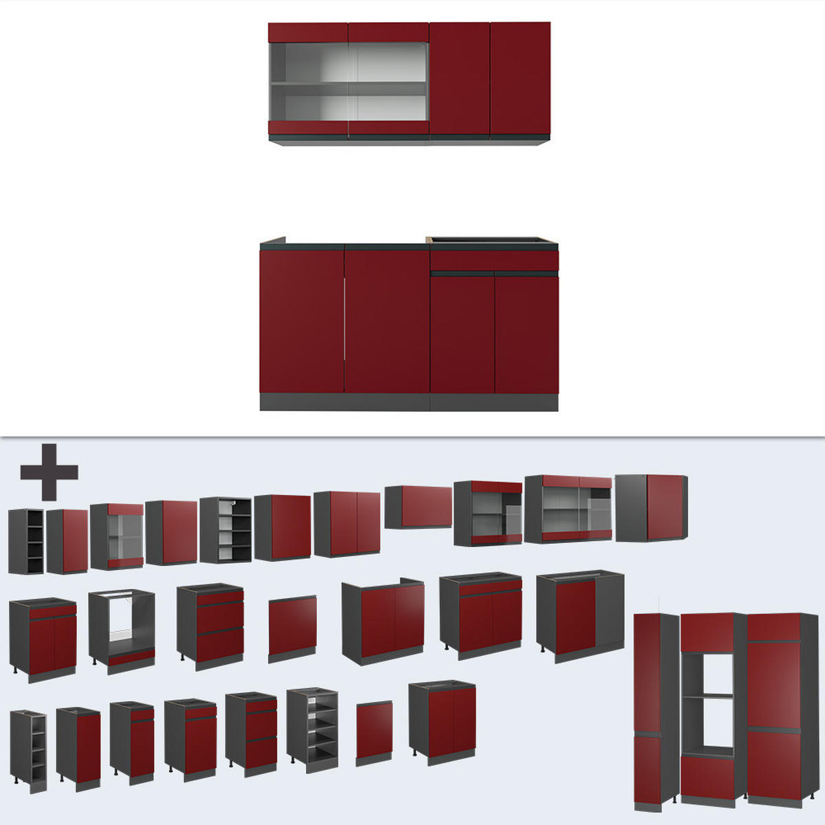 SINGLEKÜCHE R-Line Rot/Anthrazit 140 cm, AP Eiche - Rotbraun/Anthrazit, Holzwerkstoff (140/81.6/60cm) - Vicco