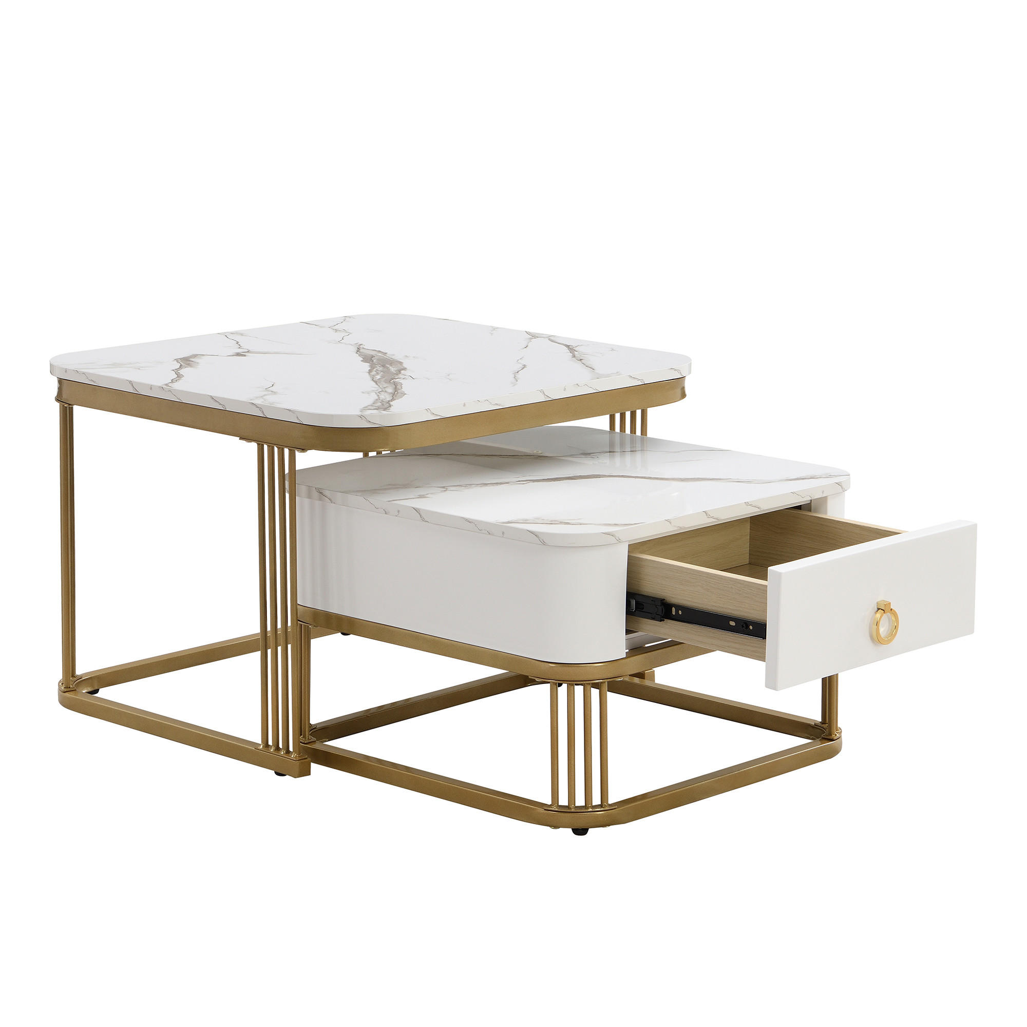 COUCHTISCH-SET in Weiß mit Schubladen und goldenen Beinen für Wohnzimmer, B60/T60/H45 cm - Goldfarben/Weiß, Holzwerkstoff (60/60/45cm) - STILVORA