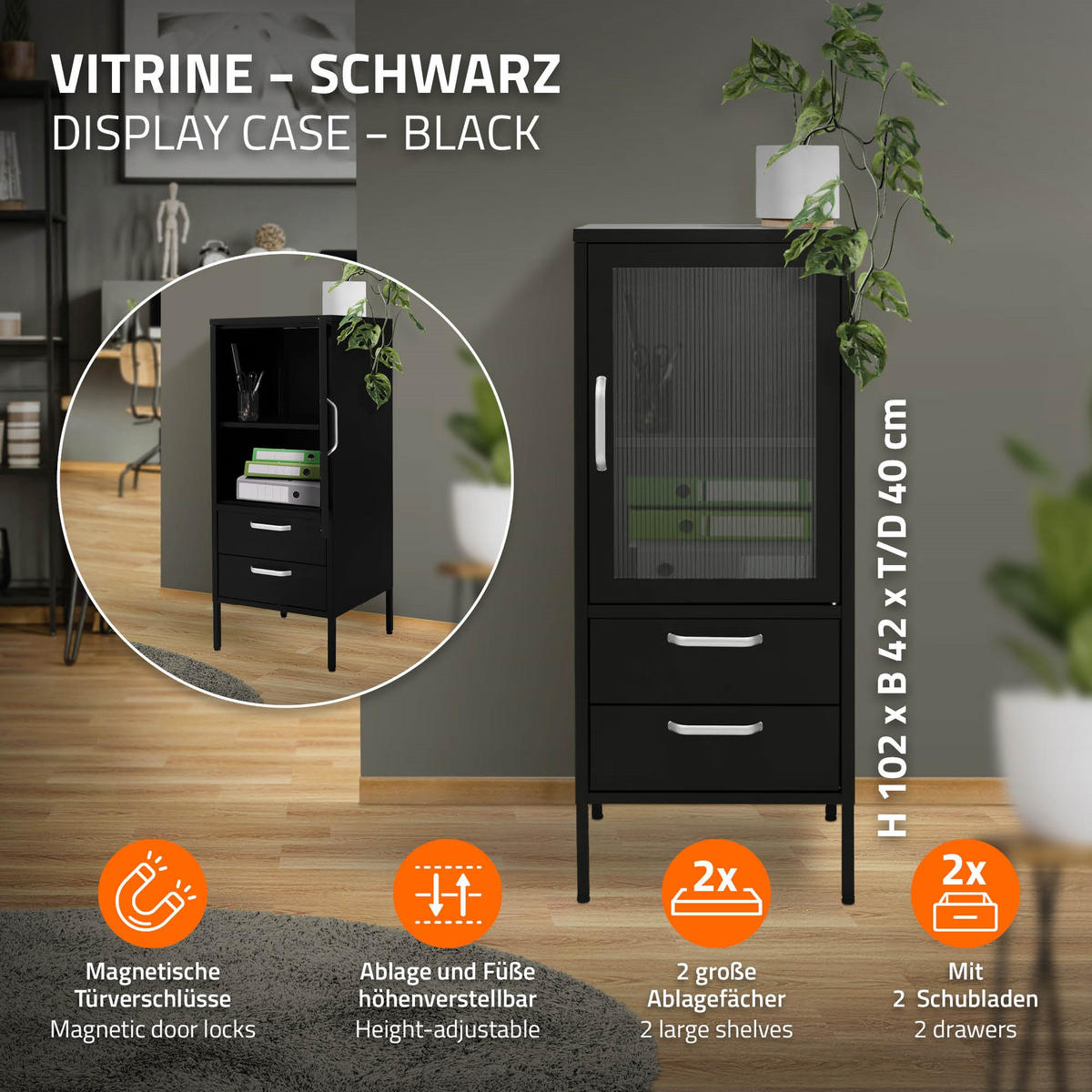 VITRINENSCHRANK Schwarz 42/40/102 cm - Schwarz, Metall (40/102/42cm) - ML-DESIGN