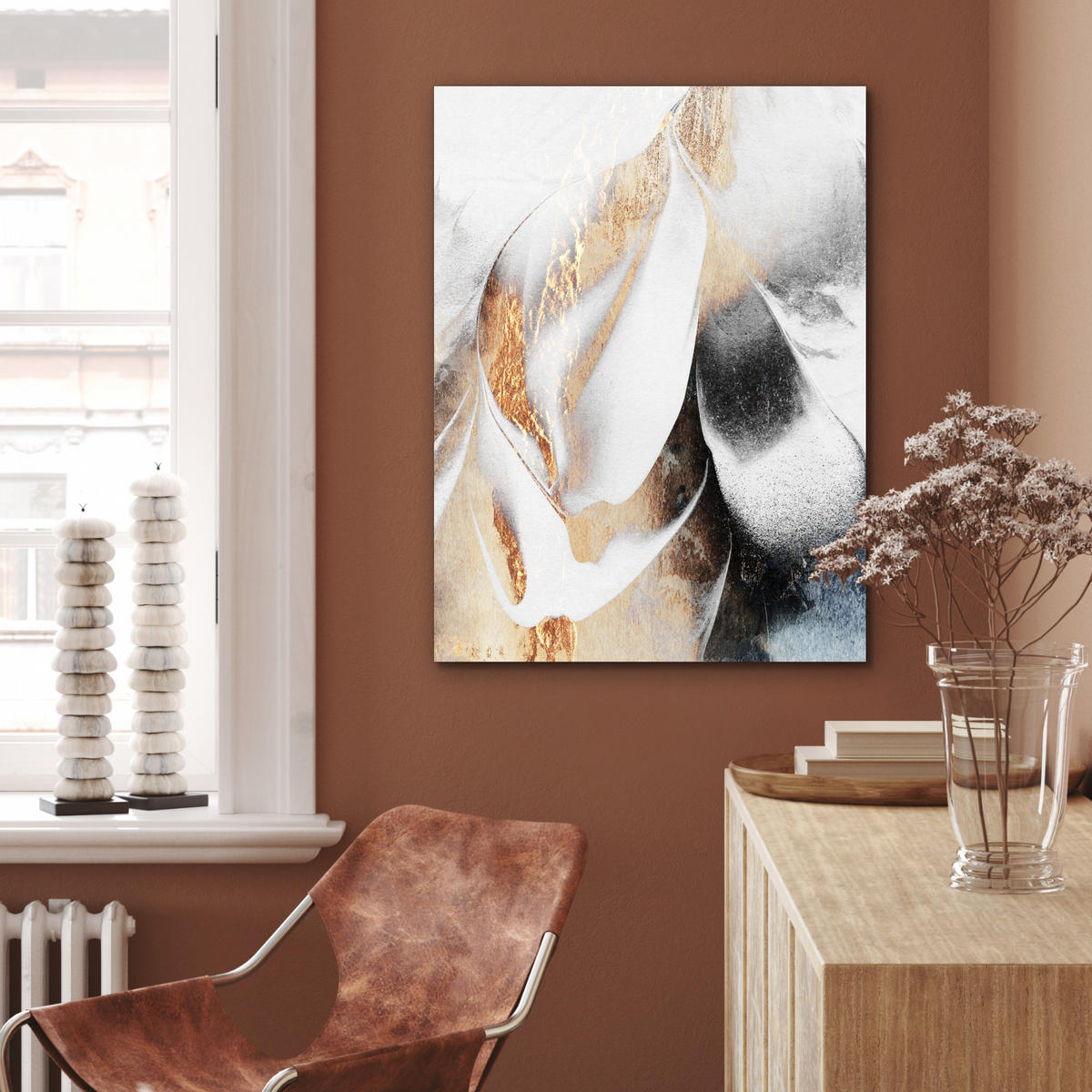 KOVOVÝ OBRAZ Luxusné - abstraktné - zlaté - biele 60x80 cm - zlatá, kov (60/80cm) - MuchoWow