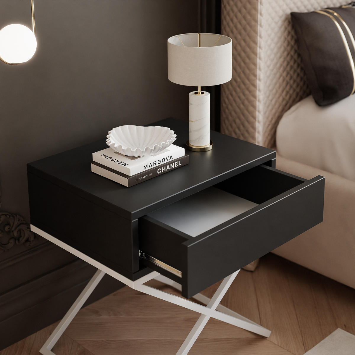 NACHTSCHRANK KSENO mit Schublade, 45/35/50 cm, Weiß / Schwarz - Schwarz/Weiß, Holzwerkstoff/Metall (45/50/35cm) - Idohome