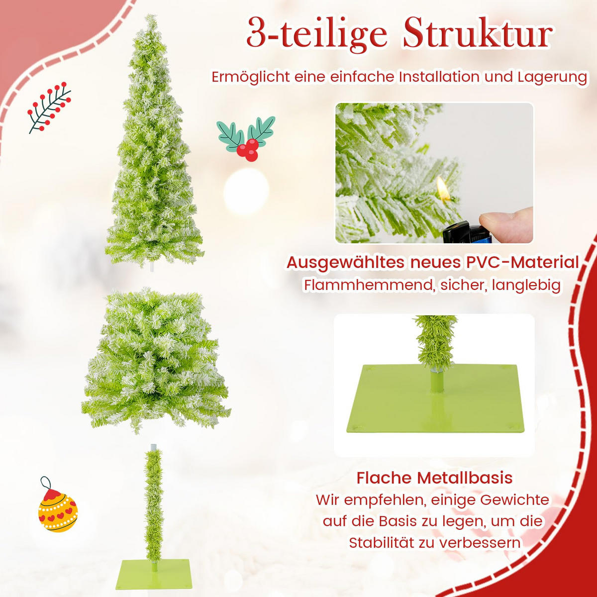 WEIHNACHTSBAUM mit 8 Lichtmodi Beleuchtung und Schnee biegbarer Spitze 180 cm grün - Grün, Metall (180cm) - COSTWAY