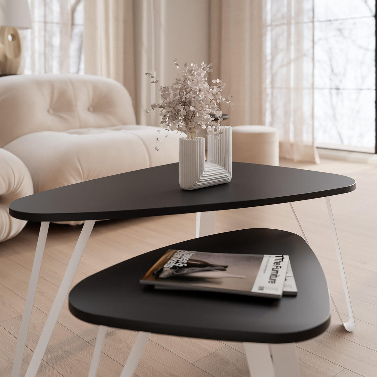 SATZTISCH NOA Stahlgestell, Freiform, Weiß / Schwarz Molet - Schwarz/Weiß, Holzwerkstoff (94/60/42cm) - Idohome