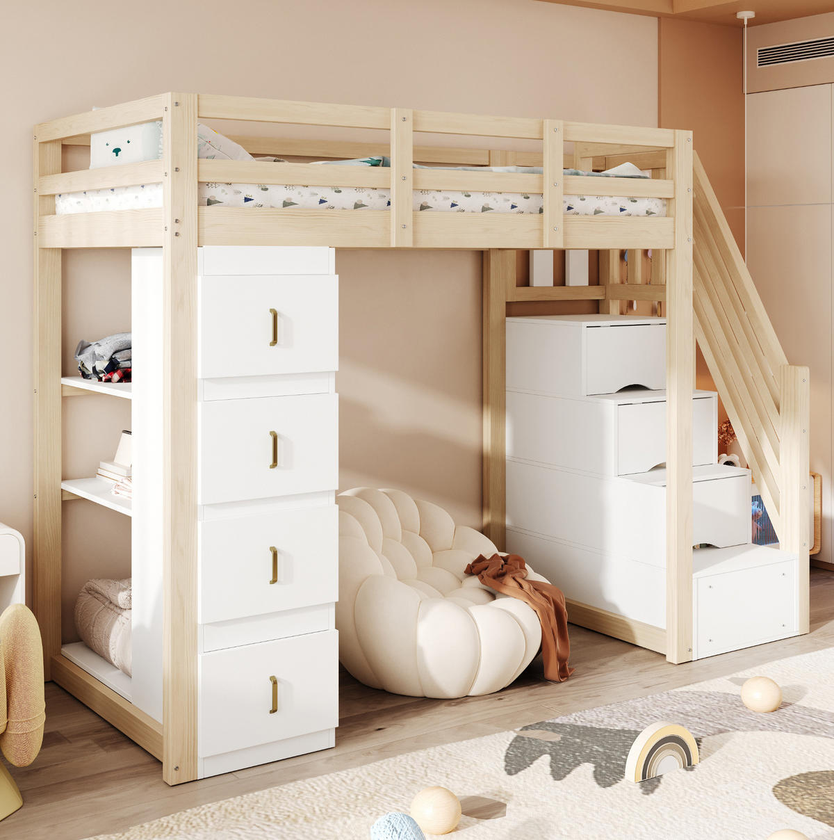 HOCHBETT 90x200 cm in Naturholzfarbe mit Stauraumtreppe und Schubladen - Naturfarben, Holz (90/200cm) - IVMEU