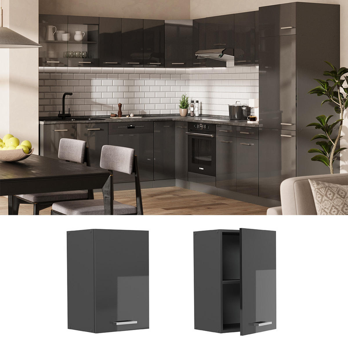 HÄNGESCHRANK R-Line Anthrazit Hochglanz 40 cm - Schwarz Hochglanz/Anthrazit, Holzwerkstoff (40/60/31cm) - Vicco