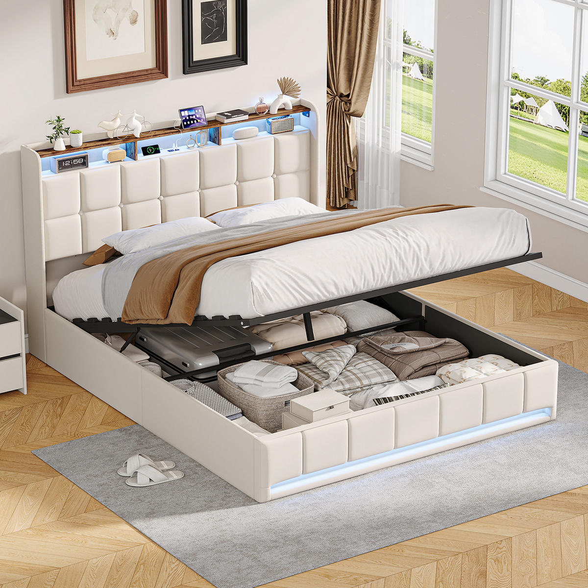 POLSTERBETT 160x200 cm Beige mit LED Beleuchtung, Kopfteil mit Stauraum und USB/Type-C, hydraulisches Stauraumbett - Beige, Metall (160/200cm) - EuroLiving