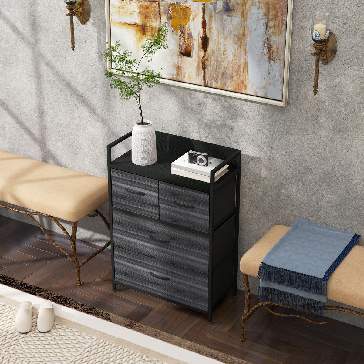 KOMMODE, Sideboard mit 4 Faltbaren Schubladen aus Stoff, Regal und Griff Schwarz - Schwarz, Textil/Metall (29/85/60cm) - HOMCOM