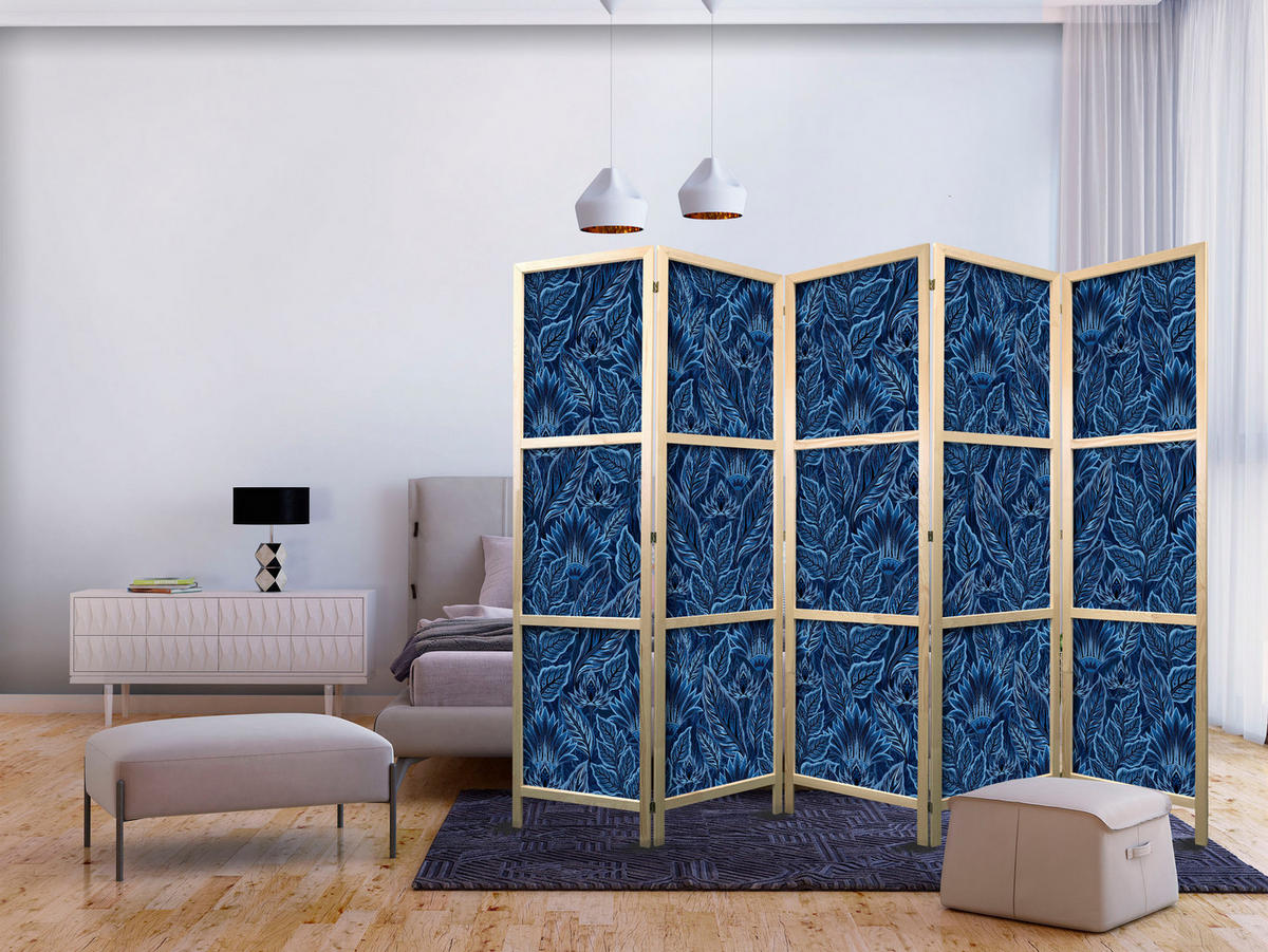 PARAVENT Japanischer 5-tlg 225x172 cm Blaue Bl tter - Blau, Holz/Textil (225/172/3cm) - Muralo