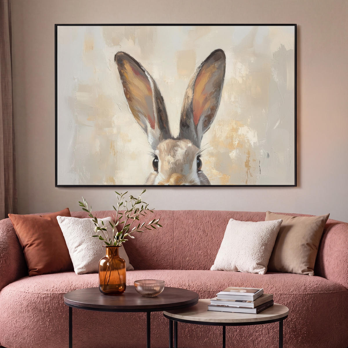 LEINWAND Bilder mit Rahmen - Hase - Ohren - Braun - 150x100 - Beige, Textil (150/100cm) - MuchoWow