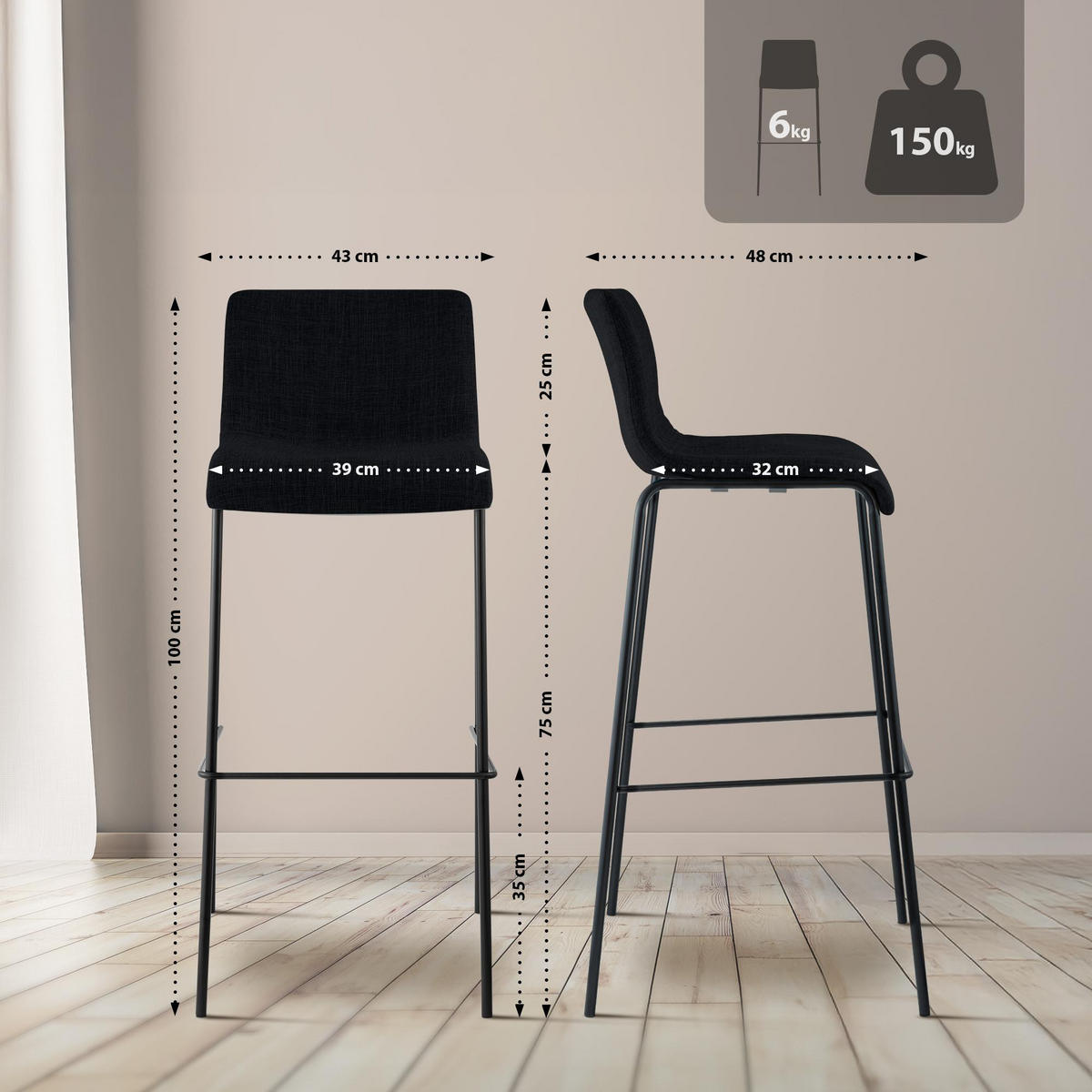 BARHOCKER Stoff Schwarz - Schwarz, Textil/Metall (43/100/48cm) - CLP