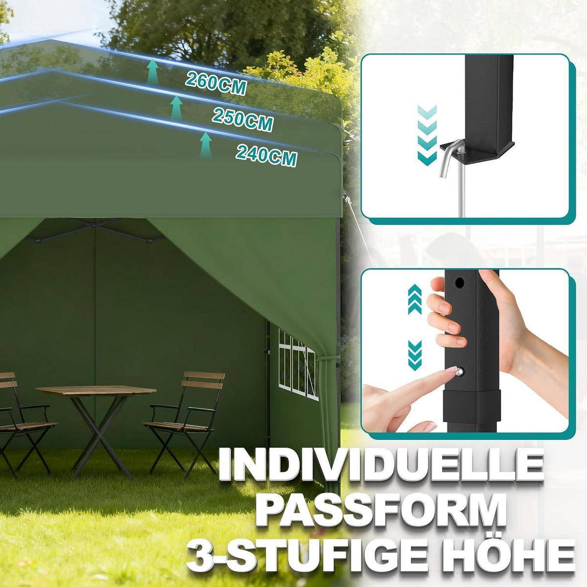 FALTPAVILLON 3x3 m mit Seitenwänden Grün - Grün, Textil (300/260/300cm)