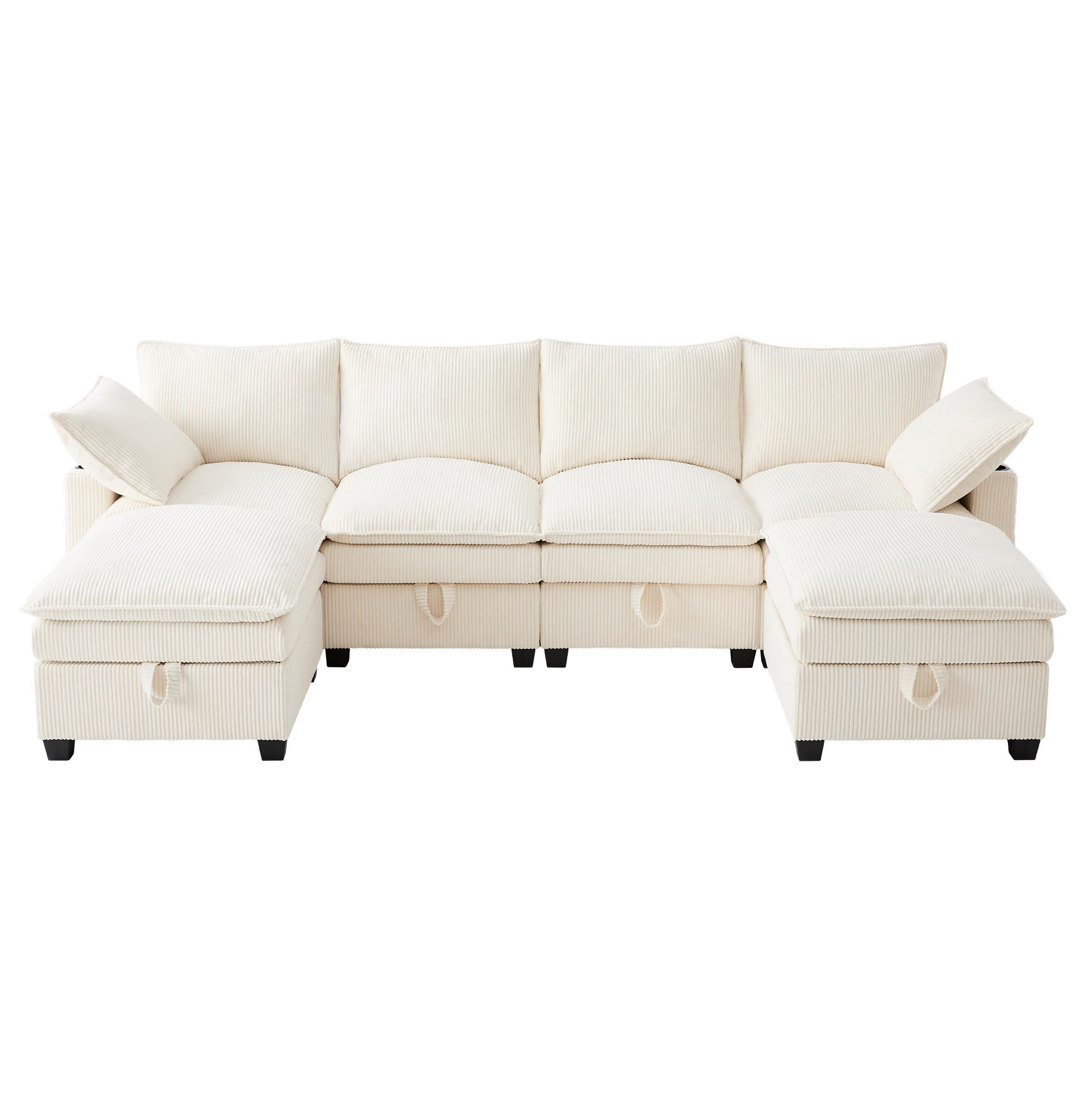 ECKSOFA Modulares 5-6-Sitzer mit Fußhocker und USB-Anschlüssen Cord Beige 280/151/82 cm - Beige, Textil (280/152cm) - OKWISH