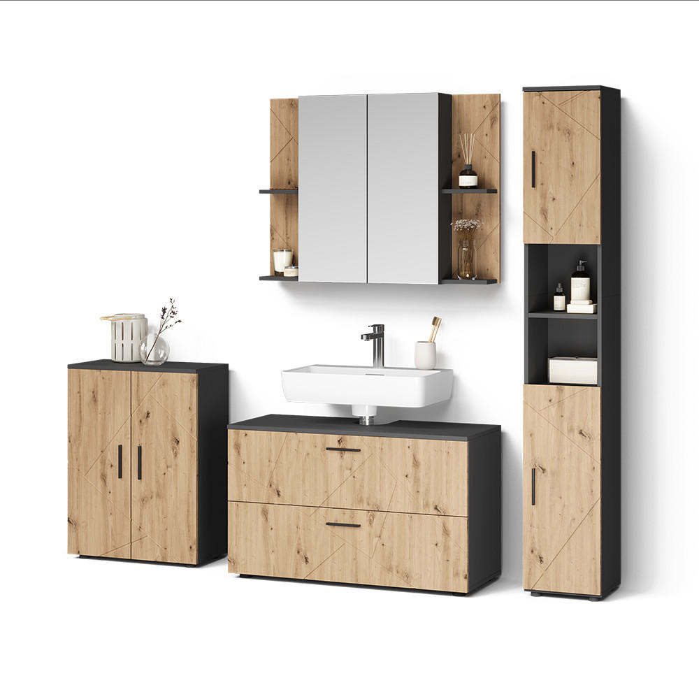 BADMÖBEL-SET Ronco, Anthrazit/Artisan-Eiche, 4-teilig - Anthrazit/Eiche Artisan, Holzwerkstoff (100.1/60.6/41cm) - Livinity®