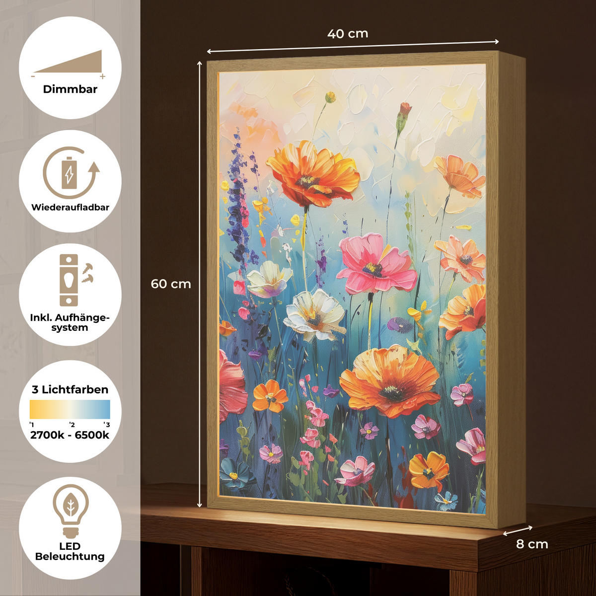 NÁSTĚNNÁ LAMPA S AKUMULÁTOREM Květiny - Příroda - Akvarel - Umění 40x60 cm - různobarevná, kompozitní dřevo (40/60/8cm) - OnlyWow