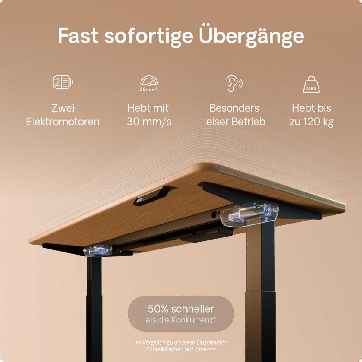 SCHREIBTISCH Elektrisch Höhenverstellbarer HomeOne 140x70cm Schwarz/Bambus mit Memory-Funktion, Anti-Kollisions Technologie - Hellgelb/Schwarz, Holz (70/140/72cm) - Desktronic